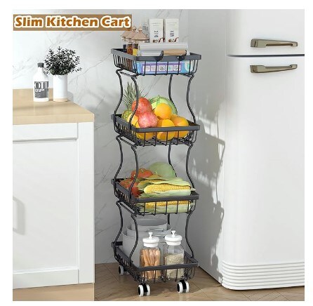 4-Tier Slim Fruit Basket, Wire Fruit Basket Stand Organizer for Snack Produce Onion, Potato, Fruit, Vegetable, Rolling Storage Rack on Wheels for Small Space in Kitchen