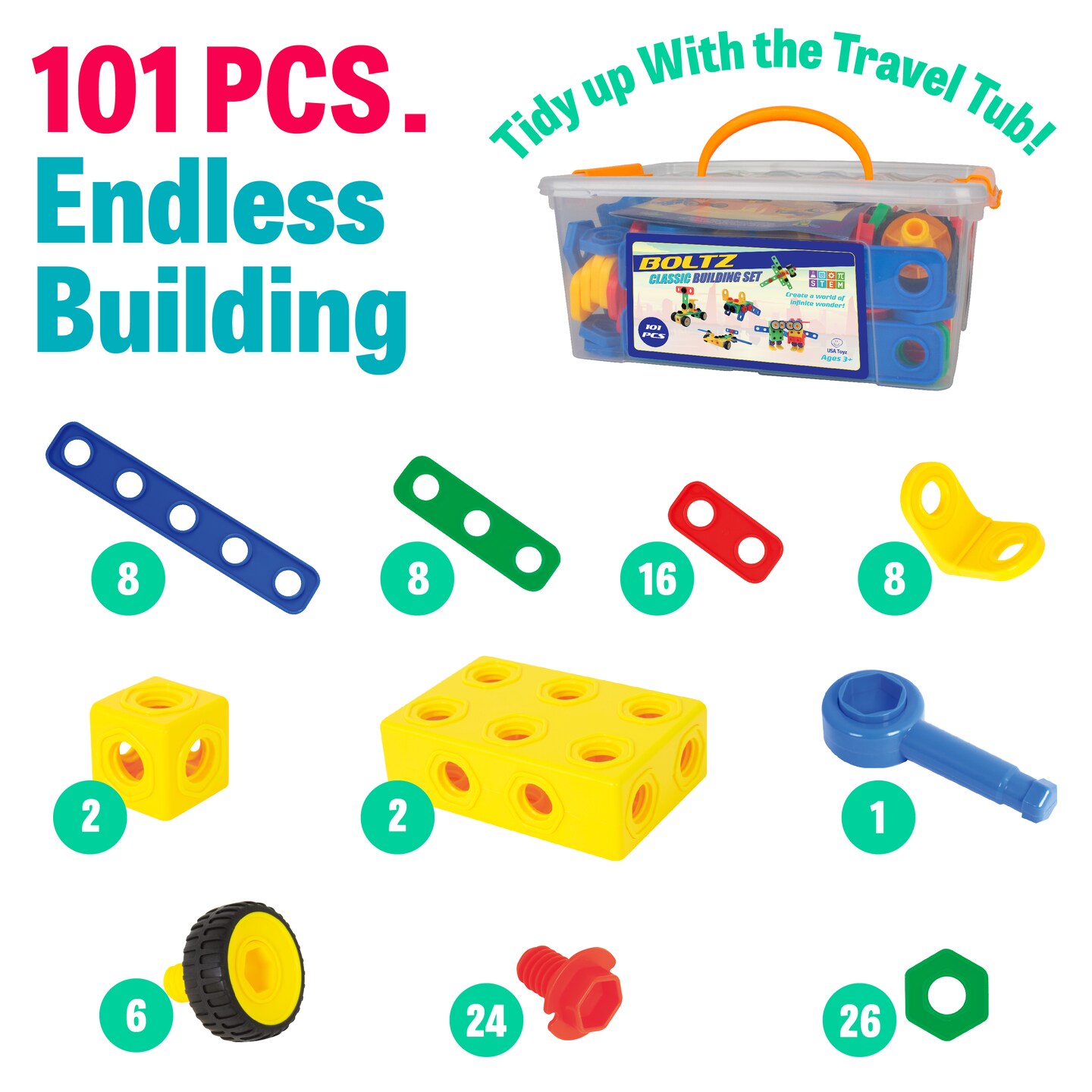 USA Toyz Boltz STEM Educational Toys for Kids - 101 Pc