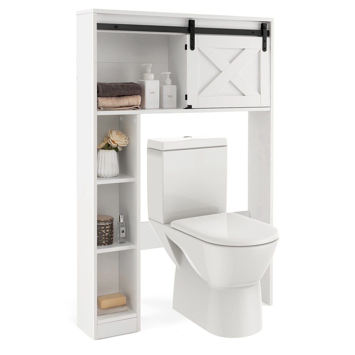 Costway Over the Toilet Bathroom Storage Cabinet with Sliding Barn Door &#x26; Shelves White