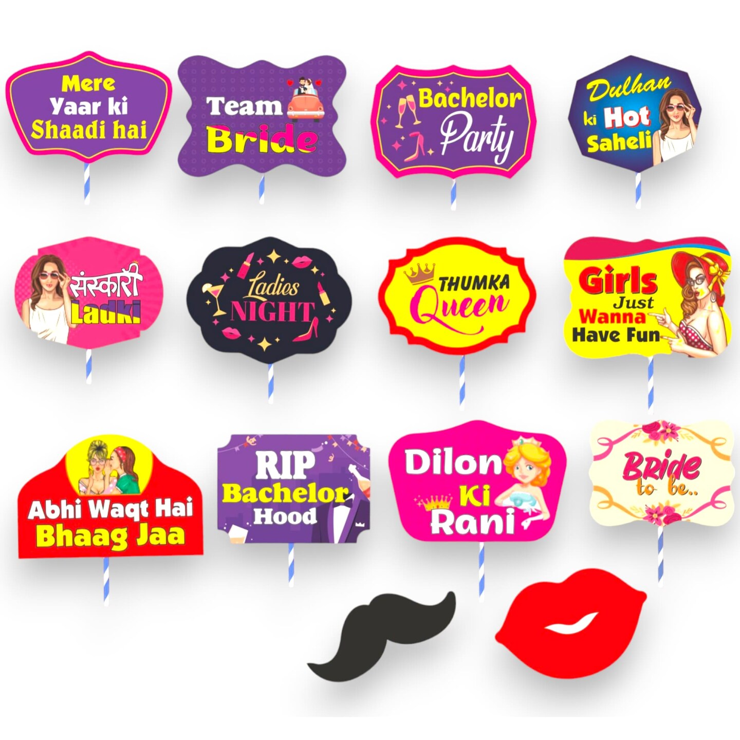Wedding Bridal Shower Photo Booth Props 14 Pcs Bachelorette Decoration, Wedding Party Photobooth Set - Bride to be Bachelorette Party Supplies