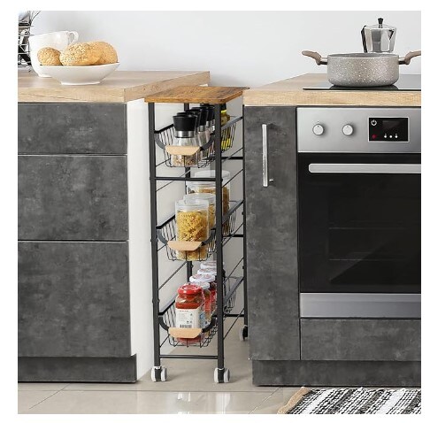4-Tier Narrow Rolling Cart&#xFF0C;with Pull-Out Iron Basket, Sturdy Slim Storage Cabinet Iron and Wood Combination&#xFF0C;Ideal for Kitchen