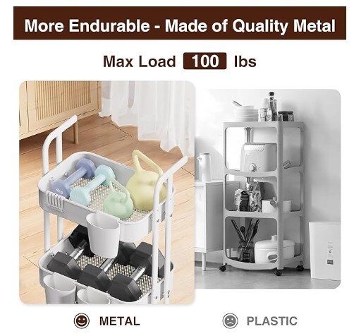 3 Tier Rolling Cart, Metal Foldable Utility Cart with Wheels, Hanging Cups and Hooks, Folding Storage Cart for Living Room, Kitchen, Bathroom, Bedroom in White