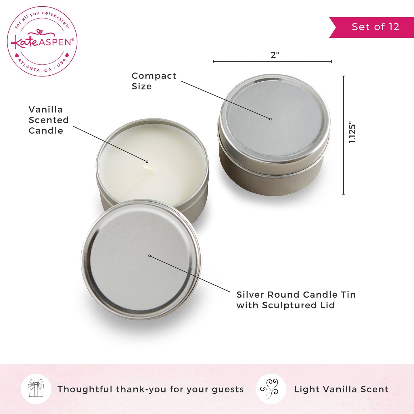 Kate Aspen Travel Size Vanilla Scented Candle Tins With Lids (Set of 12 or 96), Bridal Shower Favors, Wedding Favors, Bridesmaid Gifts