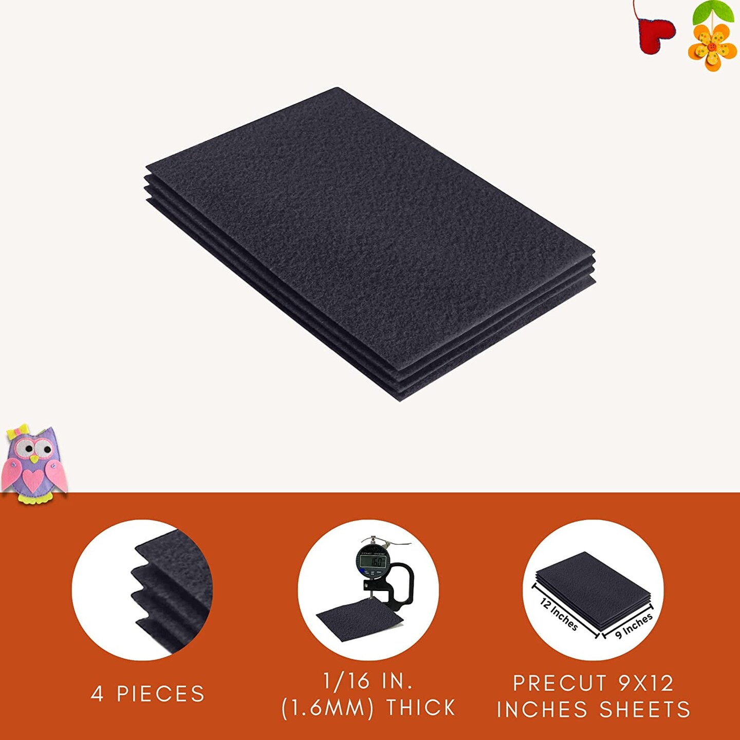 FabricLA Acrylic Felt Sheets for Crafts - Precut 9" X 12" Inches (20 cm X 30 cm) Felt Squares - Use Felt Fabric Craft Sheets for DIY, Hobby, Costume, and Decoration | Dark Grey - 4 Pieces