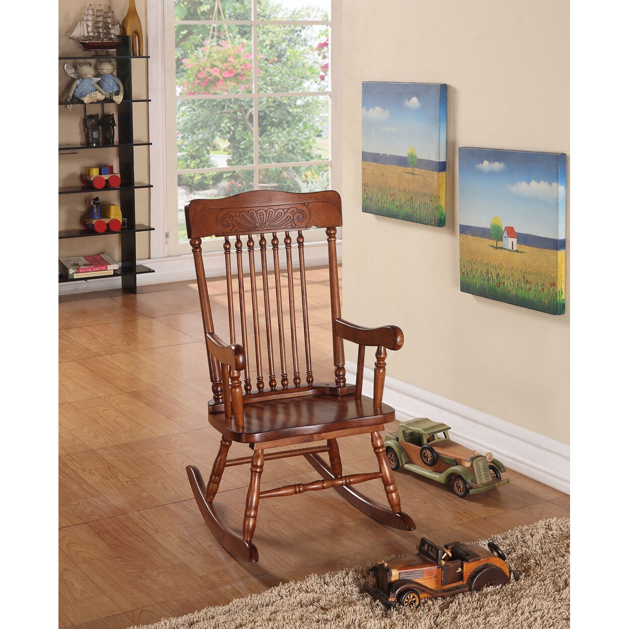 ACME 11 Inch Seat Height Wood Kids Rocking Chair, Spindle Accents, Tobacco Brown- Saltoro Sherpi