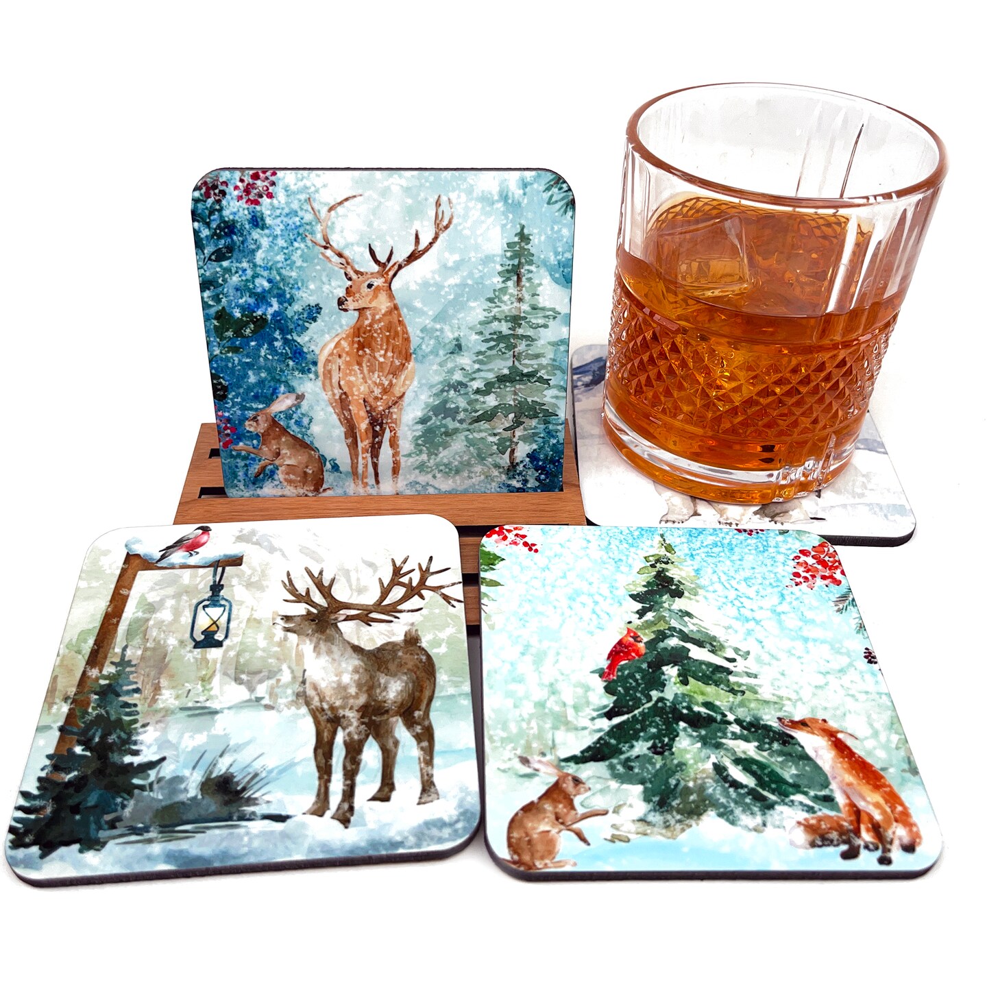 Winter Snow Christmas Animals Coasters, Set of Four Cork Backed Christmas  Coasters Made in California with Free Shipping