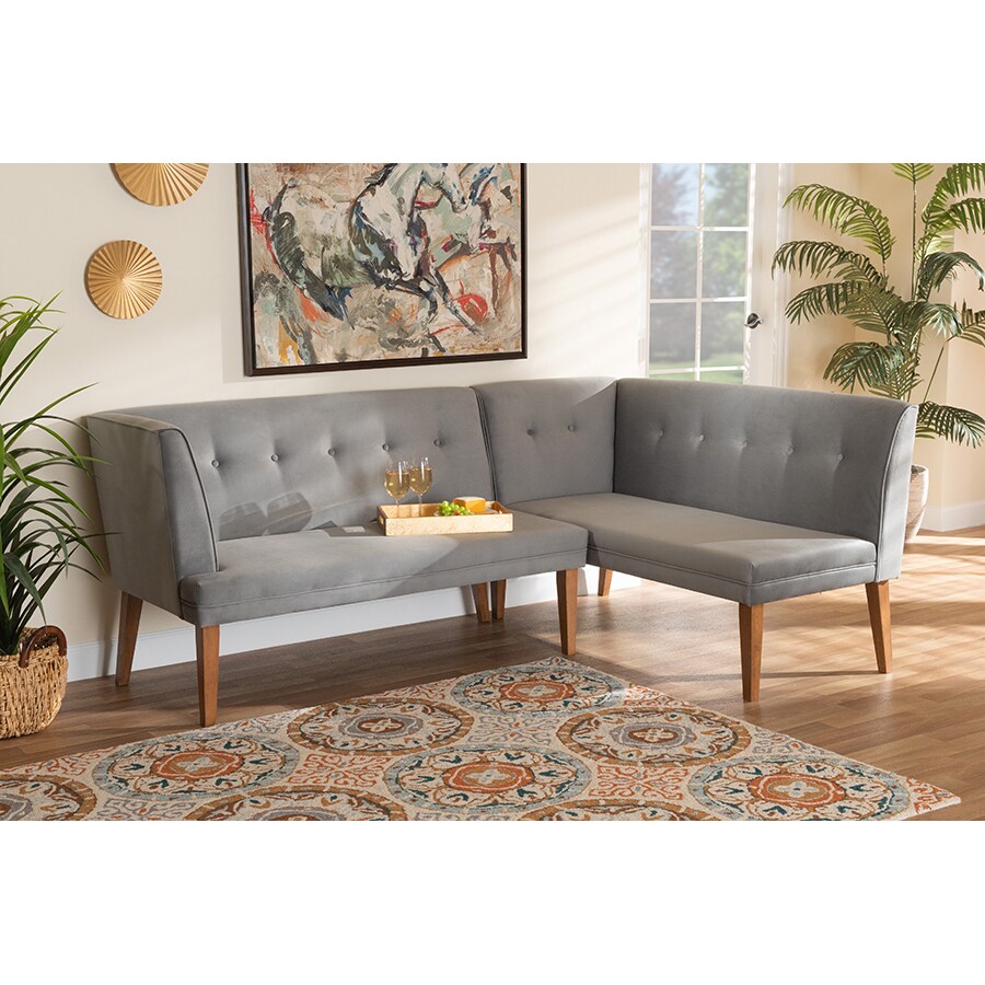 Wholesale Interiors Baxton Studio Stewart Mid Century Modern Grey Velvet Upholstered and Walnut Brown Finished Wood 2 Piece Dining Nook Banquette Set