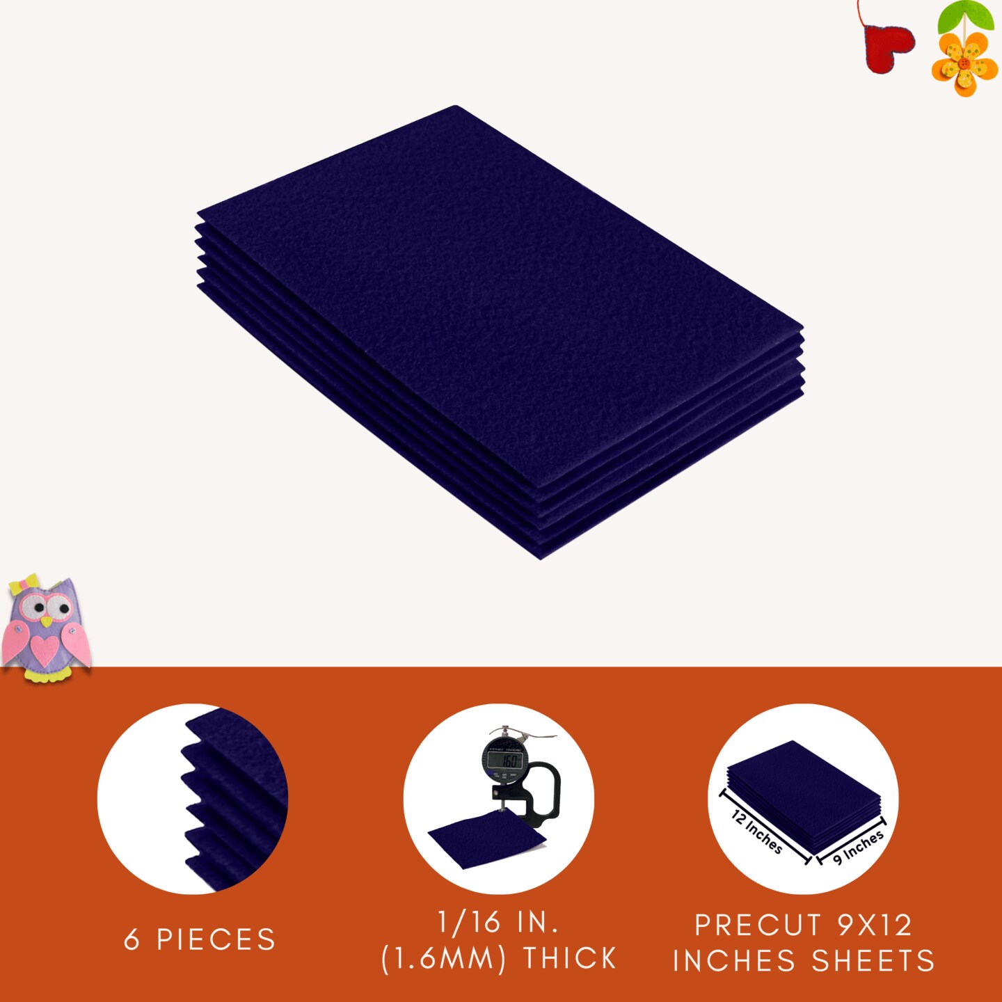 FabricLA Acrylic Felt Sheets for Crafts - Precut 9" X 12" Inches (20 cm X 30 cm) Felt Squares - Use Felt Fabric Craft Sheets for DIY, Costume, and Decoration | Navy Blue - 6 Pieces
