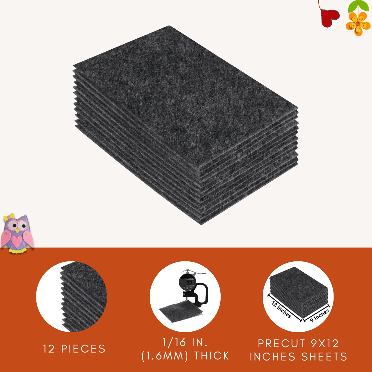 FabricLA Acrylic Felt Sheets for Crafts - Precut 9" X 12" Inches (20 cm X 30 cm) Felt Squares - Use Felt Fabric Craft Sheets for DIY, Hobby, Costume, and Decoration | Charcoal - 12 Pieces