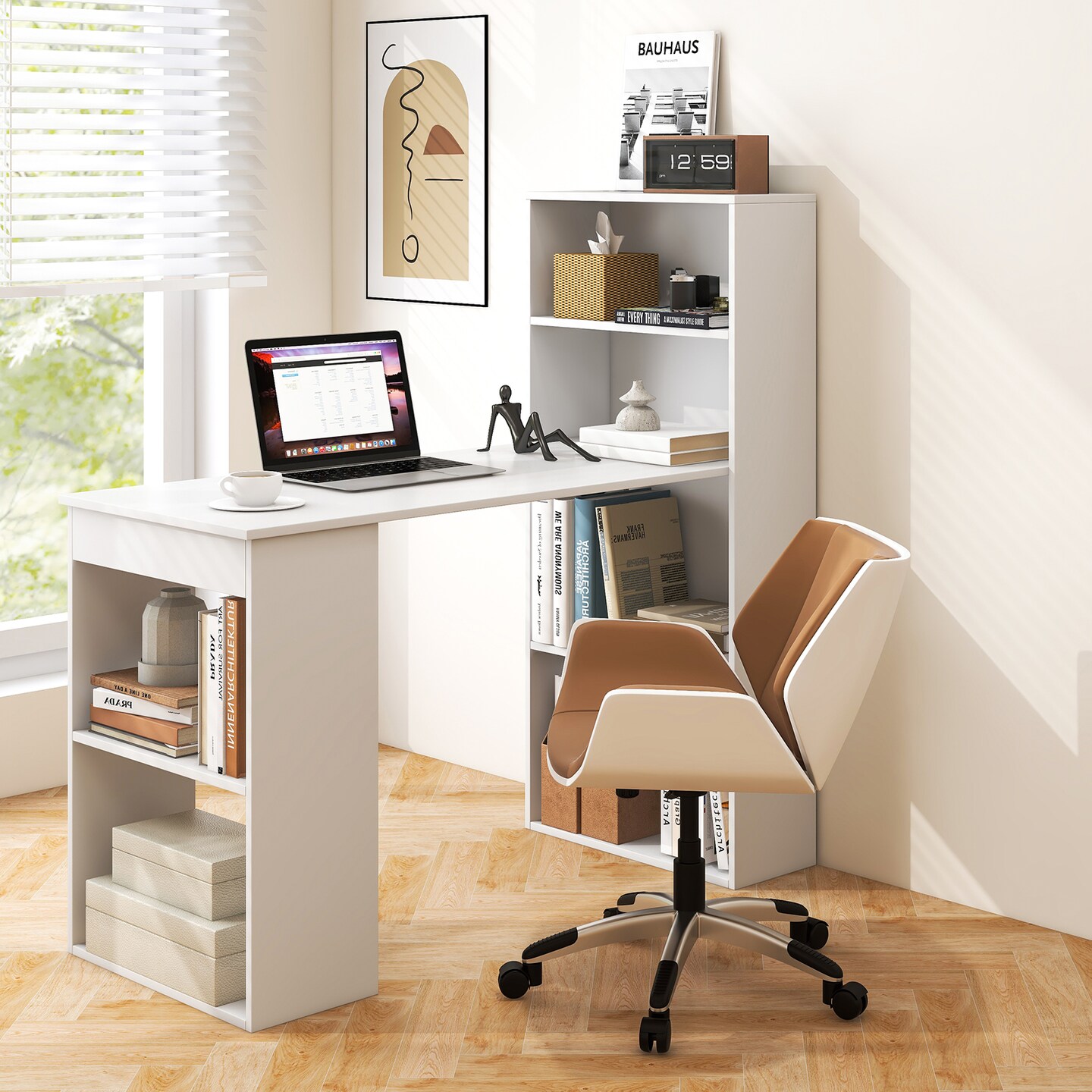 Costway Computer Desk Writing  Workstation Office w/6-Tier Storage Shelves White\Black