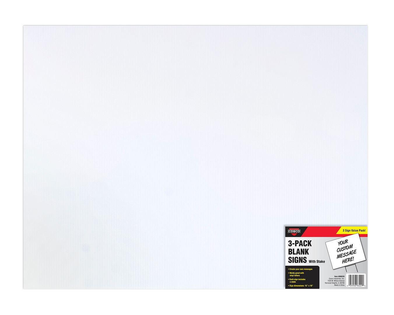 COSCO Sign and Stake Kit, Blank White Durable Plastic Corrugate with H-Stake, 15&#x22; x 19&#x22;, 3-Pack