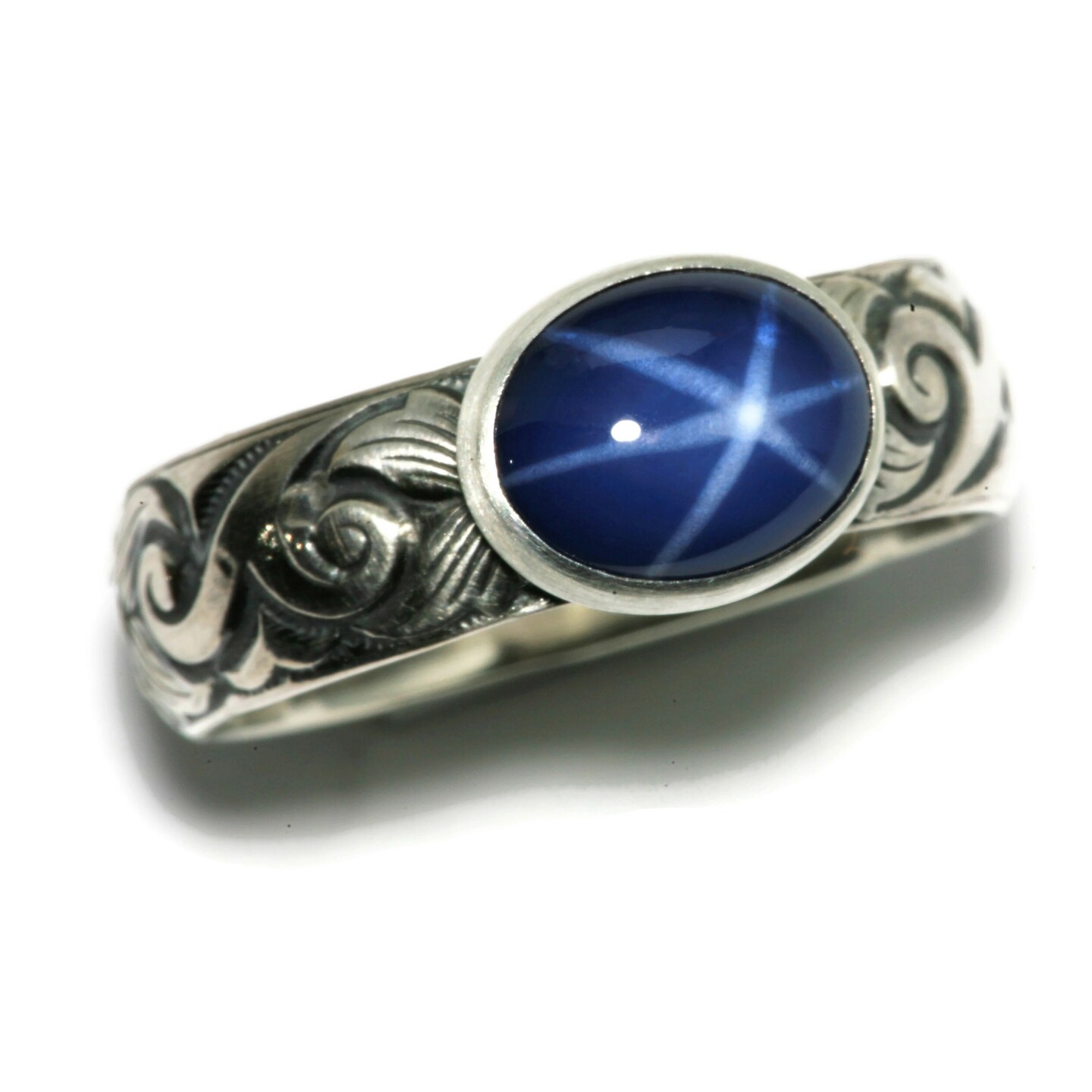 Oval Created Blue Star Sapphire Ring Flower Wave Pattern Vintage Silver By Salish Sea Inspirations