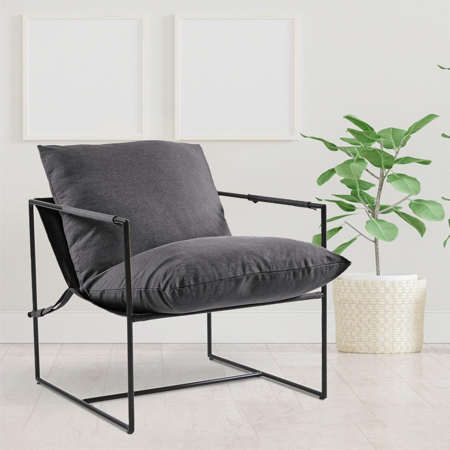 Dark Grey Sling Accent Chair Metal Frame With Soft Cushions Comfortable Armchair