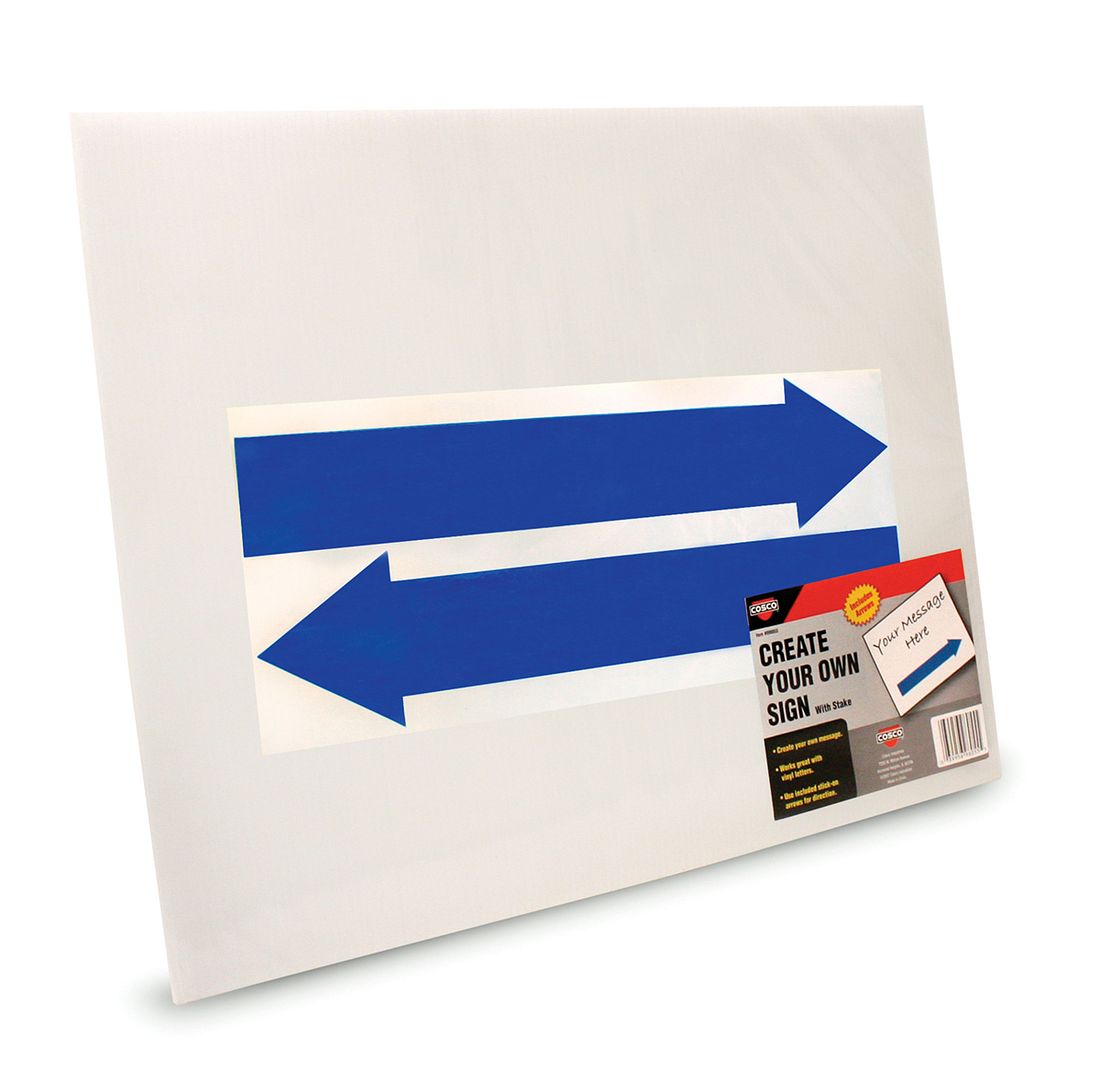 COSCO Sign Kit, White Plastic Corrugate with Directional Arrows, 15" x 19", Metal H-Stake Included