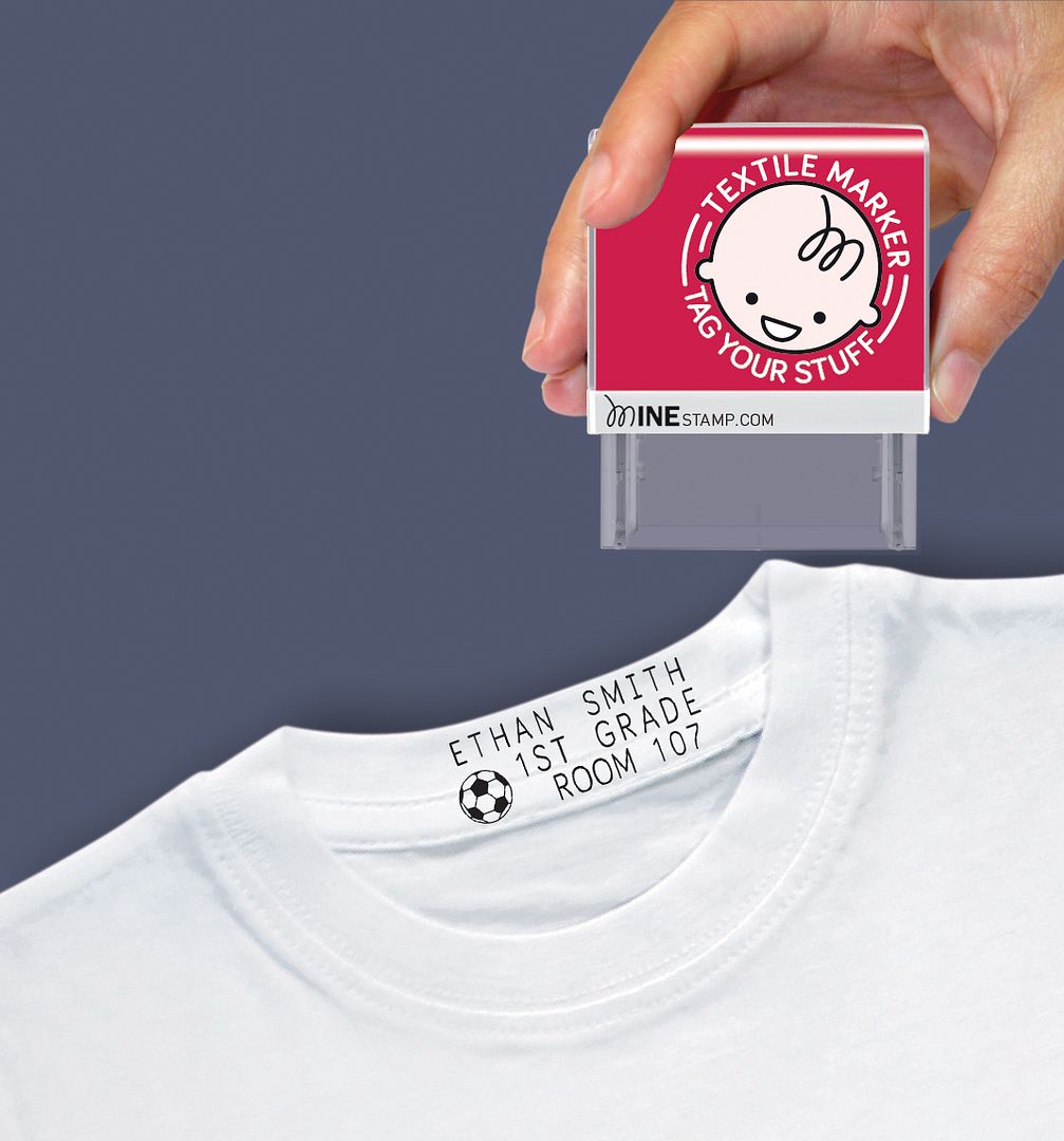 MINE Textile Possession Stamp with Indelible Ink, Characters, Pictograms, Thermo-Adhesive Ribbon and Tweezers