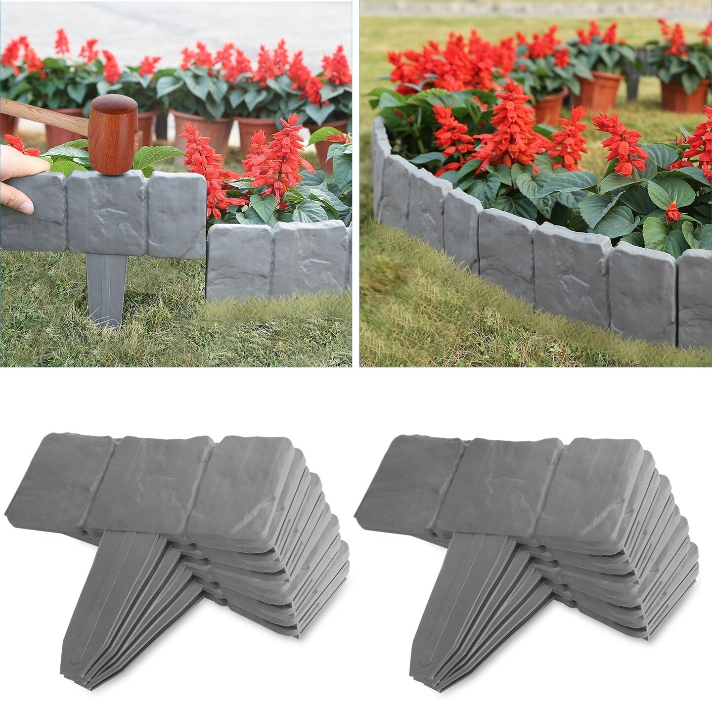 20Pcs Plastic Garden Lawn Edging Border Cobbled Stone Effect 16Ft Weather Resistant