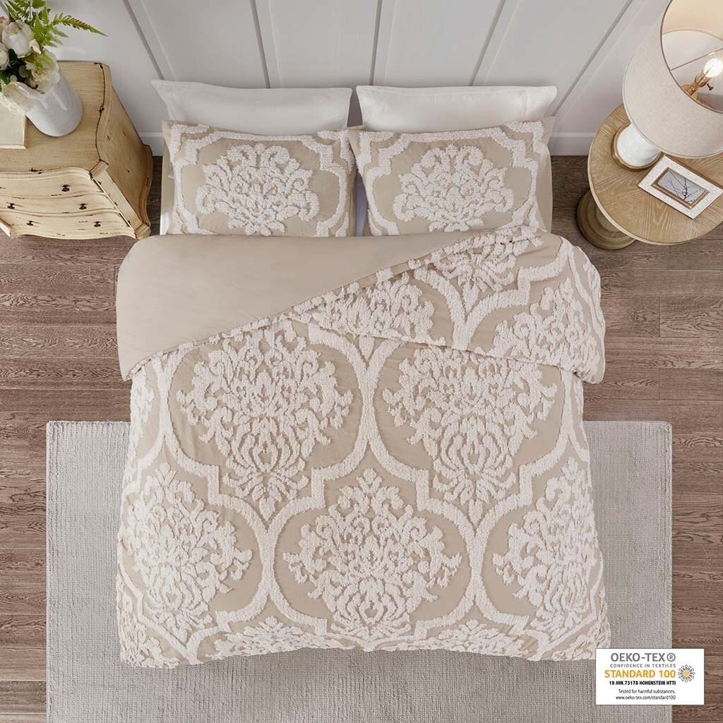 Gracie Mills   3 Piece Tufted Cotton Chenille Damask Duvet Cover Set