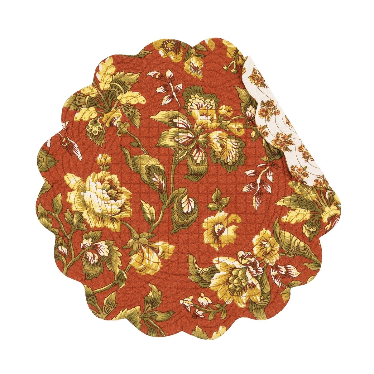 Estelle Round Quilted Reversible Floral Damask Placemats Set of 6, 17"
