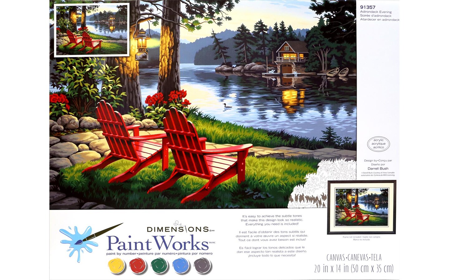 Paint by Number Adirondack Evening (Lake, Cabin, Chairs) (20x14)