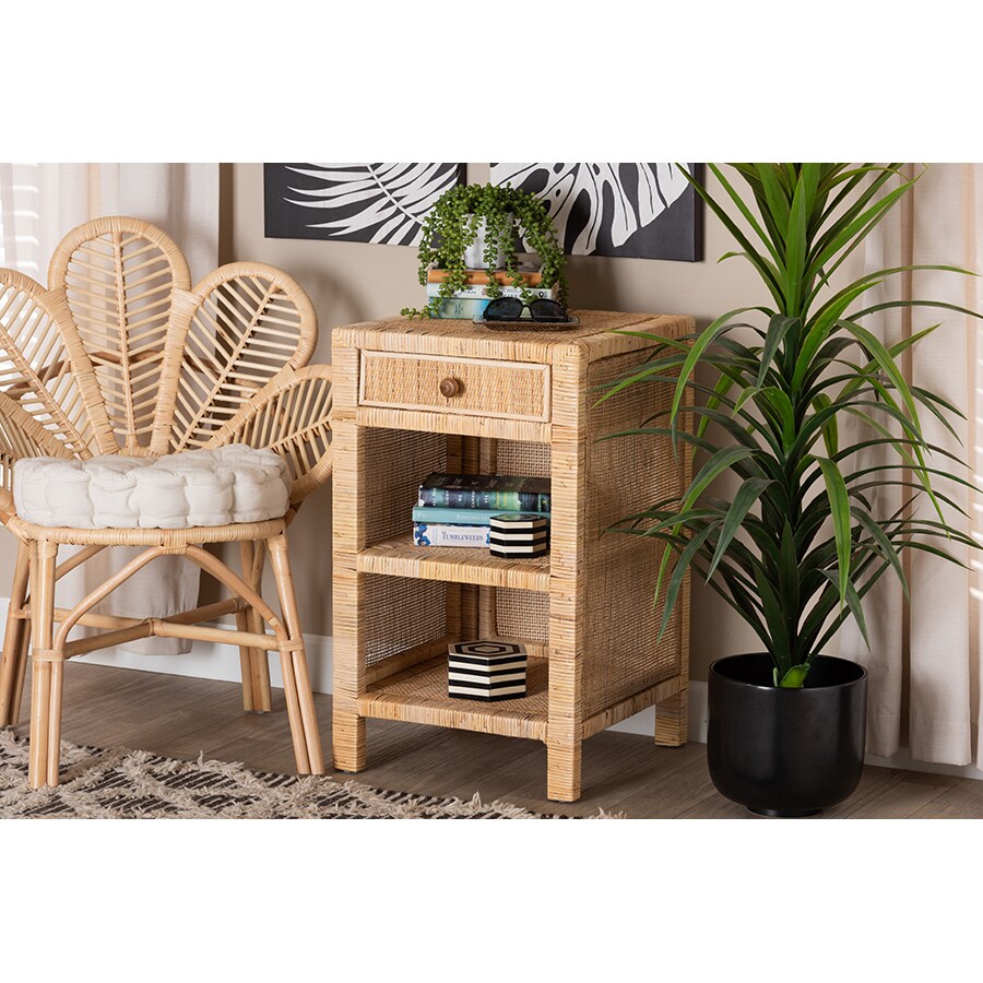 Wholesale Interiors Baxton Studio Bella Modern Bohemian Natural Brown Mahogany Wood and Natural Rattan 1 Drawer Nightstand