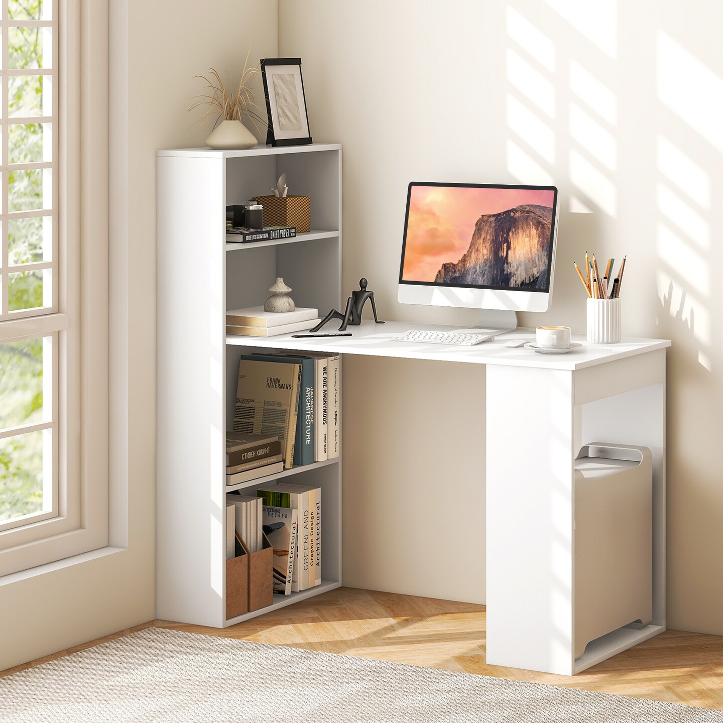 Costway Computer Desk Writing  Workstation Office w/6-Tier Storage Shelves White\Black
