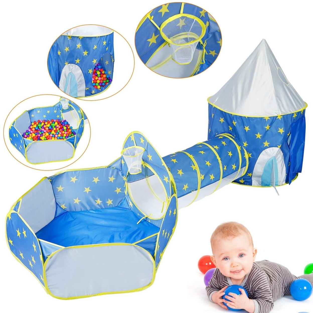 3 In 1 Kids Play Tent Crawl Tunnel Ball Pit Set Foldable Pink Blue 1-3 Years