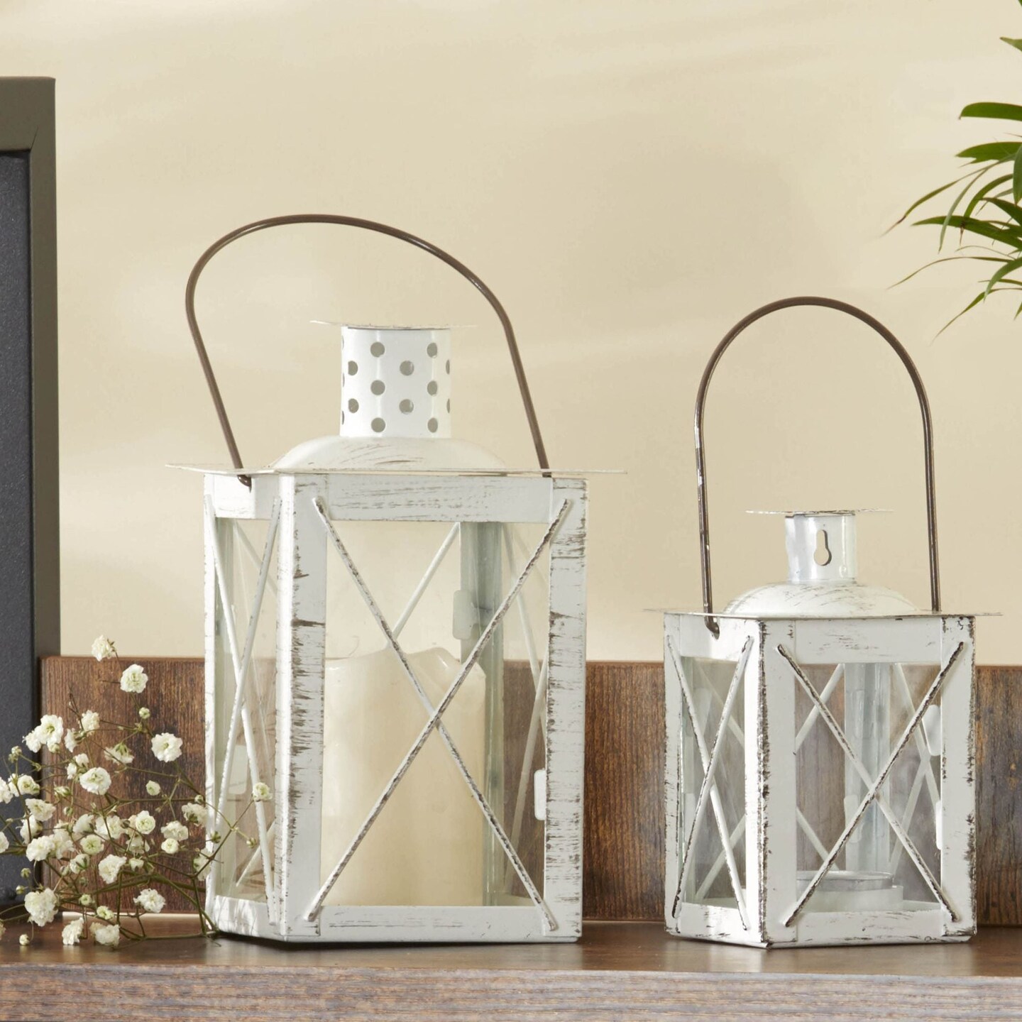 Kate Aspen Decorative Lanterns - Set of 12 - Luminous Distressed Metal Lantern Candle Holders for Wedding, Home Decor and Party - 4.5&#x22; H (6.5&#x22; H with Handle) White
