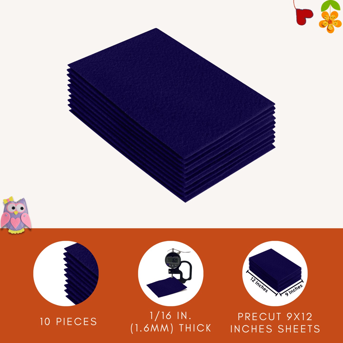 FabricLA Acrylic Felt Sheets for Crafts - Precut 9" X 12" Inches (20 cm X 30 cm) Felt Squares - Use Felt Fabric Craft Sheets for DIY, Costume, and Decoration | Navy Blue - 10 Pieces