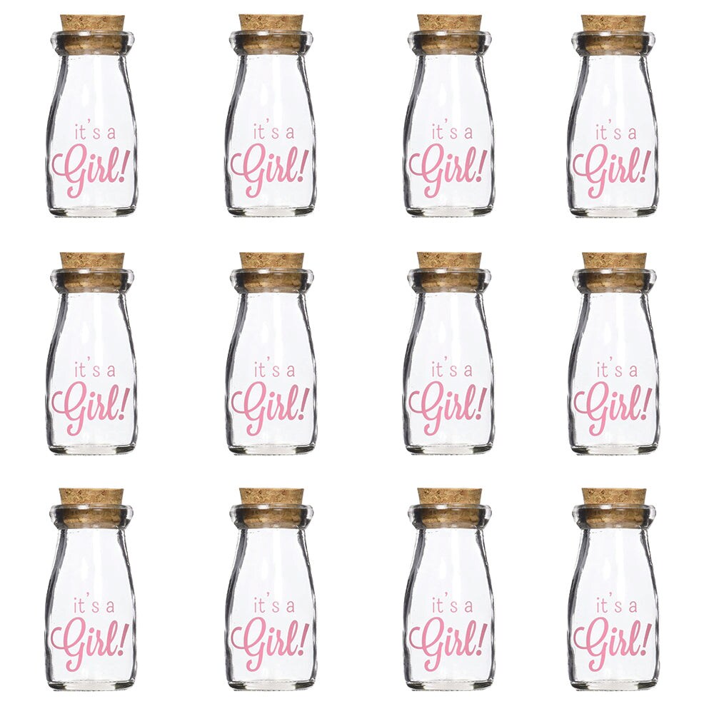 3.8 oz. Printed Vintage Milk Bottle Favor Jar - It's a Girl Pink (Set of 12)