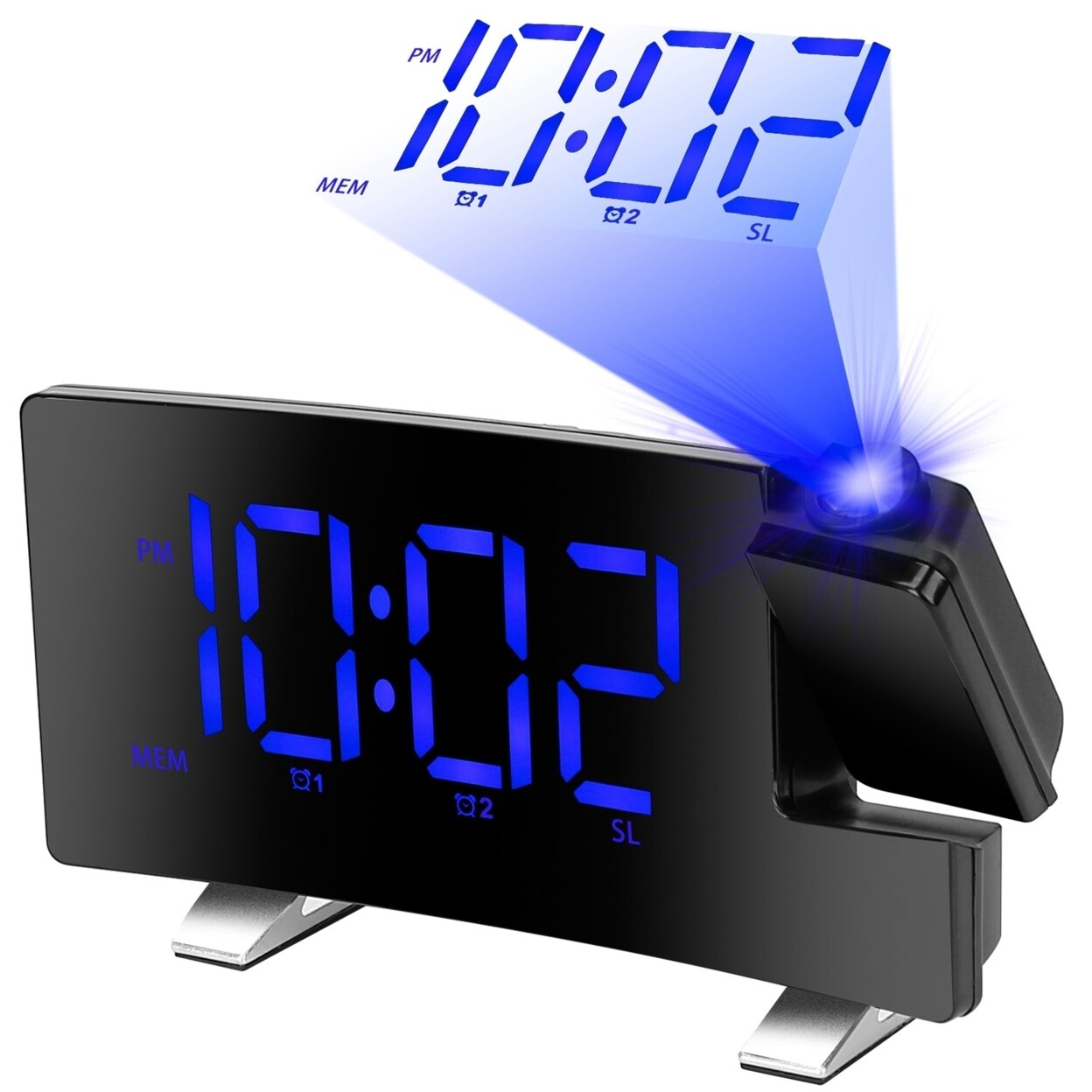 Projection Alarm Clock Blue Led Dual Alarms Fm Radio 7.7 Inch Curved Screen