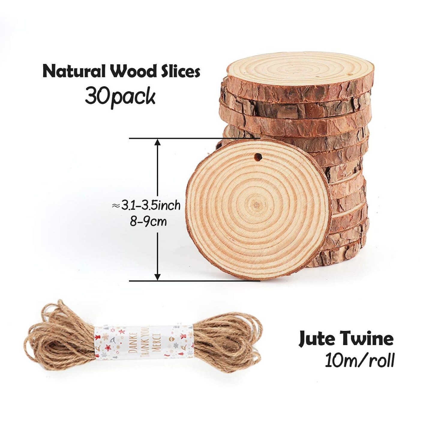 Natural Wood Slices 30Pcs 3.1&#x27;&#x27;-3.5&#x27;&#x27; Unfinished Wood Crafts with Pre-drilled Hole, Wood Slices Ornaments for Christmas DIY Rustic Crafts Wooden Circles Coasters Wedding Decor, 33 Feet Twine