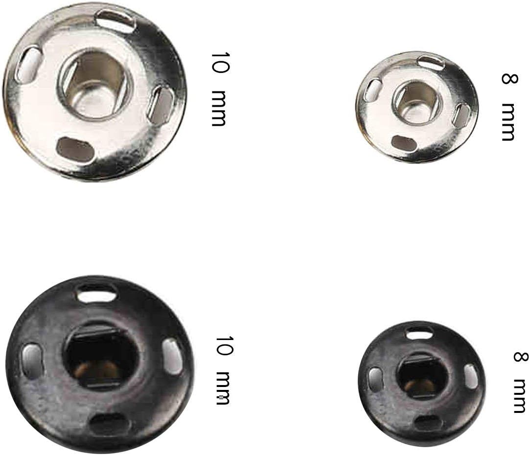 120 Sets Sew-on Snap Buttons Metal Snaps Fasteners Press Studs Buttons for Sewing, 8 mm and 10 mm,Black and Silver