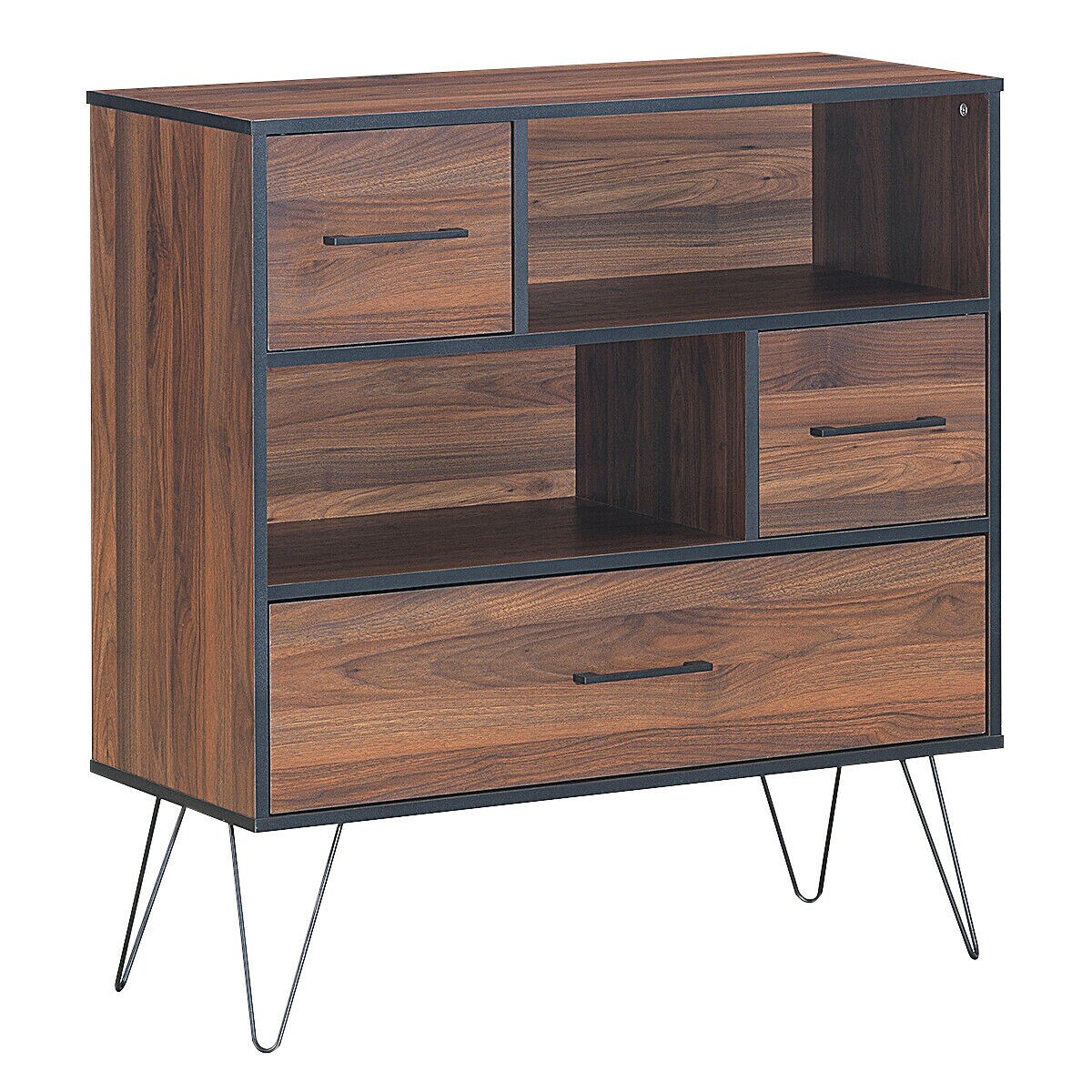 Wood Storage Cabinet 3-Tier with Drawers and Durable Metal Legs