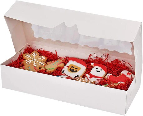 One Piece White Bakery Box with Window Pastry Boxes for Strawberries, Cookies and Desserts 12.5" x 5.5" x 2.5"