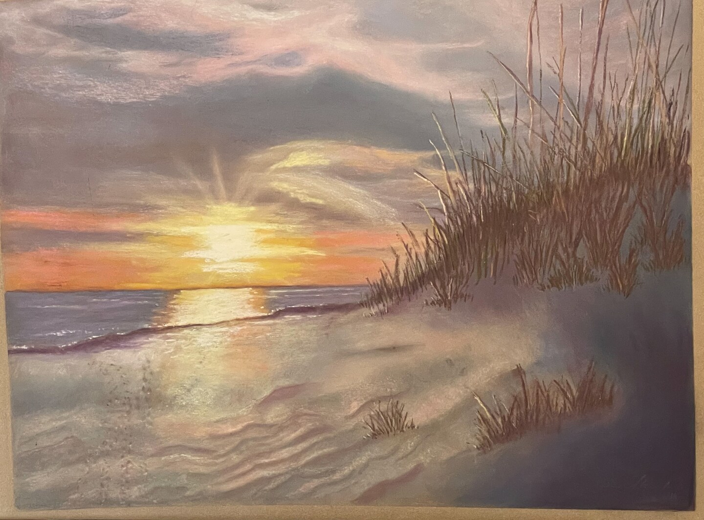 product name is Beach with sunset, sand dunes, original soft pastel 19x25 inches on pastel card, Ft. Morgan, Alabama.