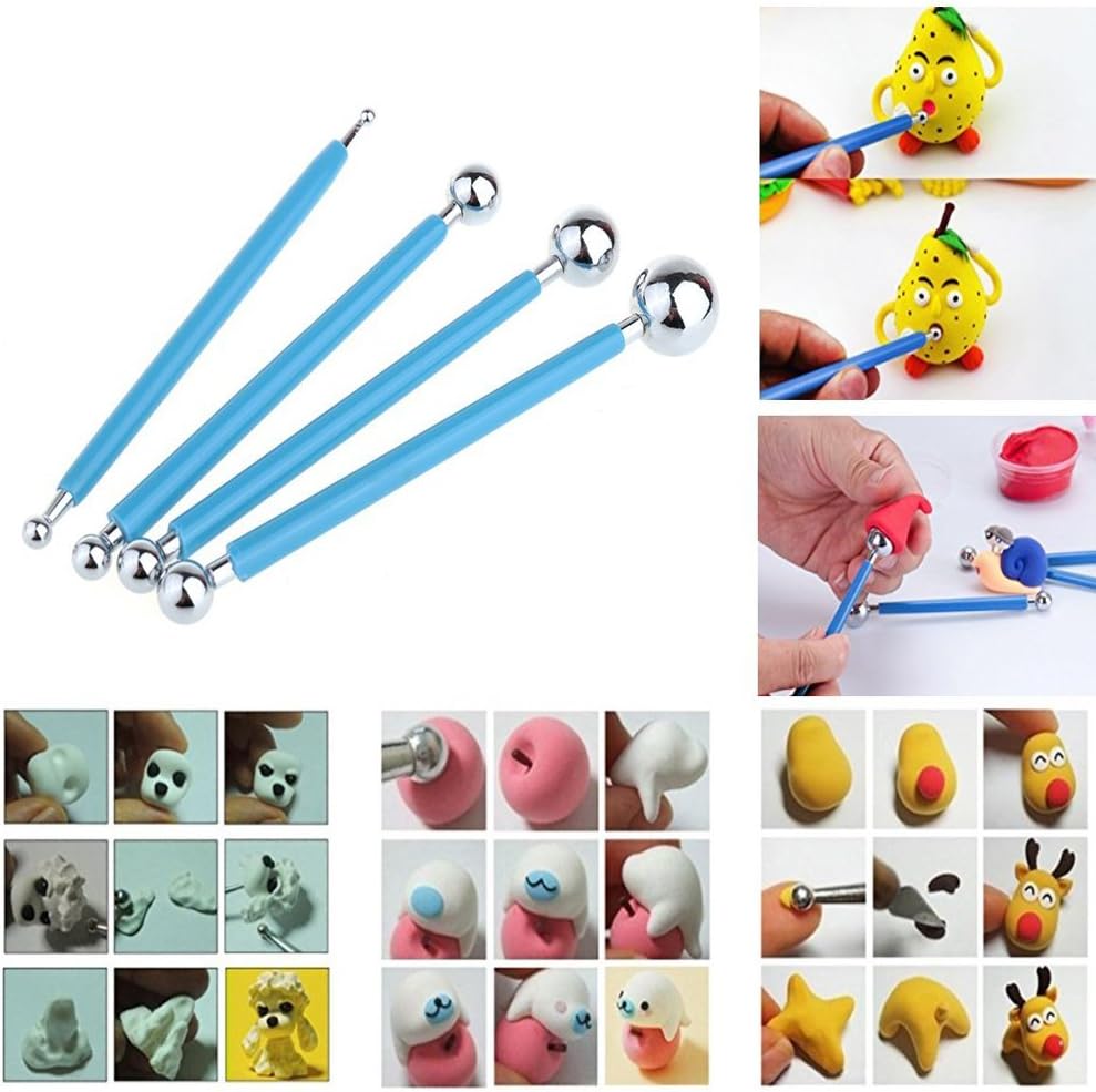 9 PCS Sculpting Tools,4PCS Double-Ended Metal Ceramic Clay Ball Stylus Dotting Tools and 5PCS 2 Way Silicone Polymer and Embossing Paper Flower Indentation Tool Set