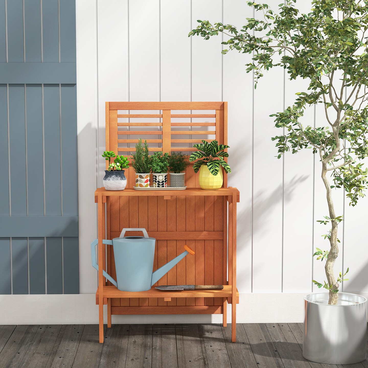Foldable Wood Potting Bench Gardening Workstation 2-Tier Storage Natural