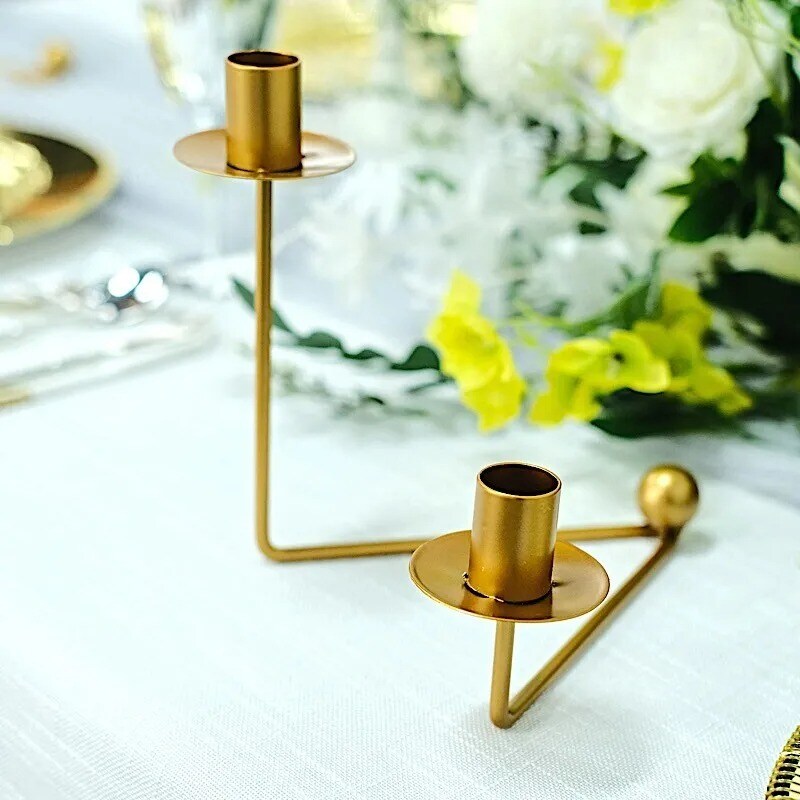 2 GOLD 2 arm Geometric Candelabra CANDLE HOLDERS V-Shaped Base