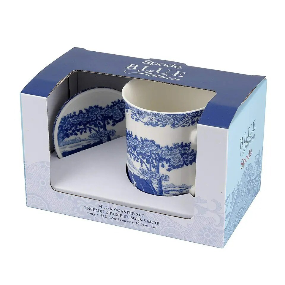 Spode Blue Italian Mug &#x26; Coaster Set 12 Oz, Large Handle, Made of Fine Porcelain