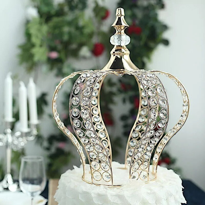 GOLD 14" tall Metal Crystal Beaded Royal Crown Cake Topper Cupcake