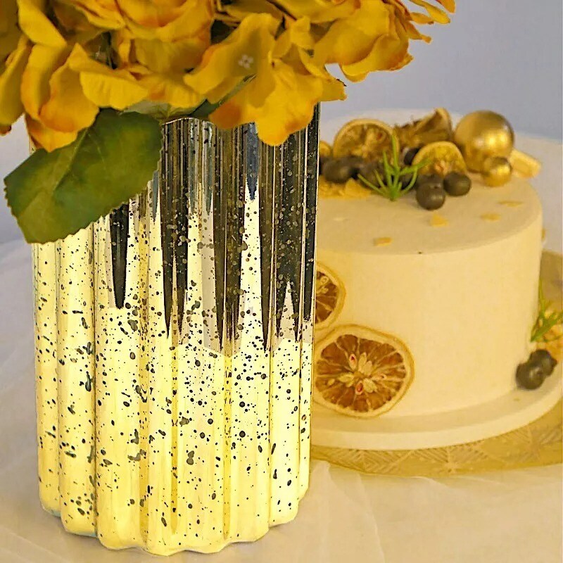 GOLD 9&#x22; Wavy Design Mercury GLASS Hurricane CANDLE HOLDER