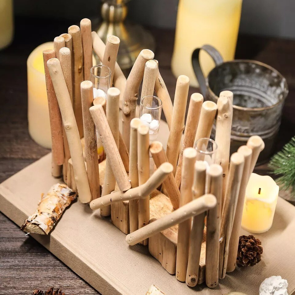 NATURAL 7&#x22; tall Wood Rustic Stand Glass Tubes Flower Vase Holder