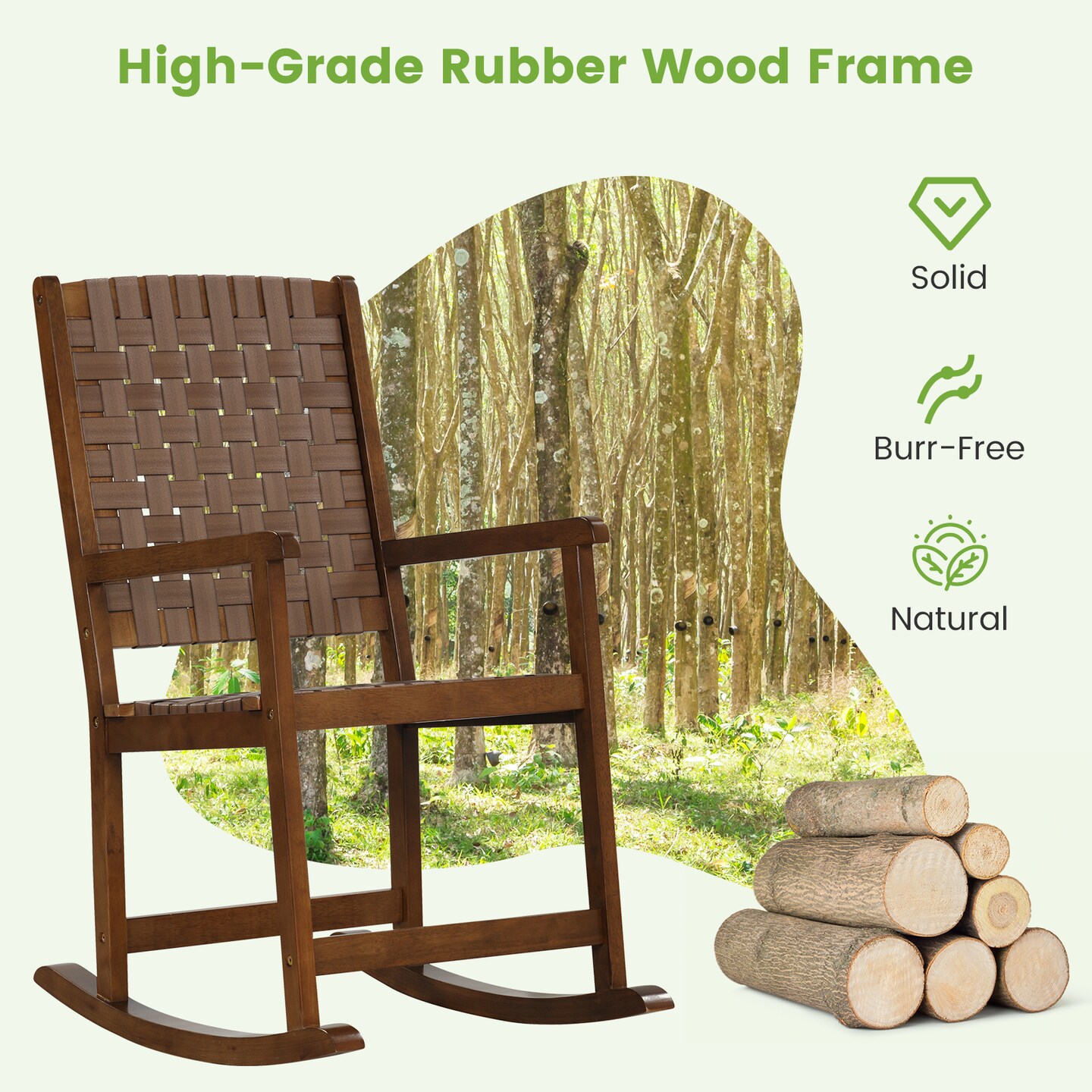 Patio Wood Rocking Chair With Pu Seat And Rubber Wood Frame-Brown