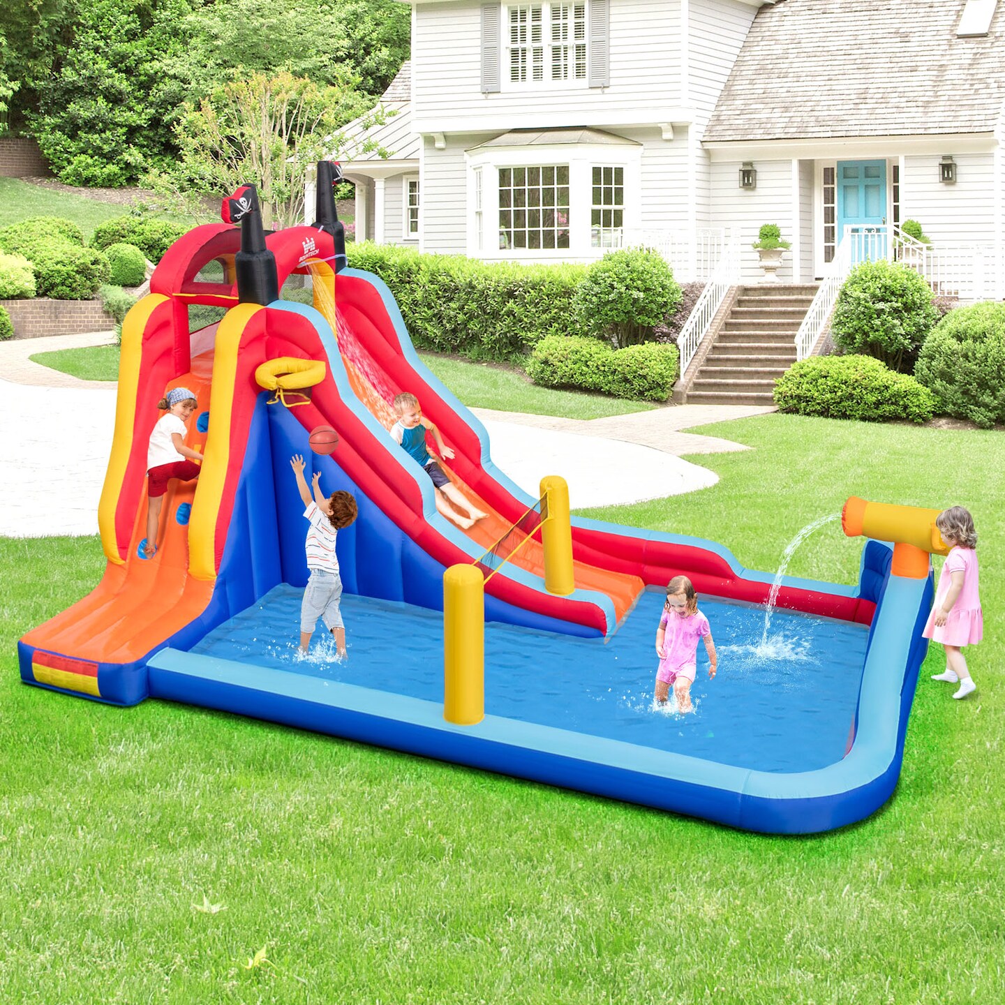 5-in-1 Inflatable Bounce House With 2 Water Slides And Large Splash Pool Without Blower