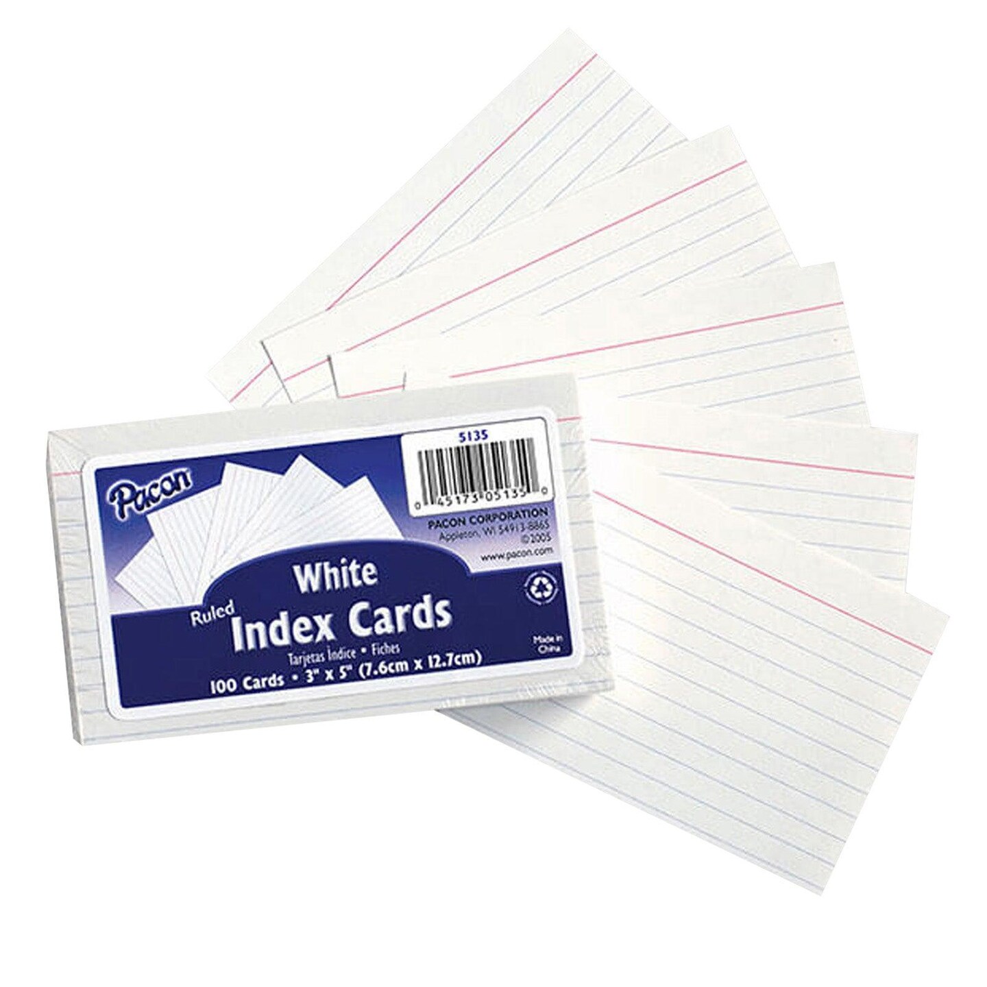 Index Cards, White, Ruled, 1/4&#x22; Ruled 3&#x22; x 5&#x22;, 100 Per Pack, 12 Packs