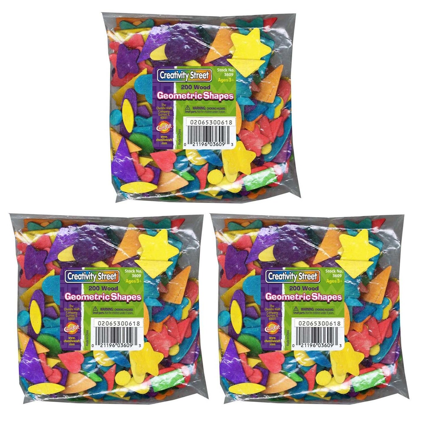 Wood Geometric Shapes, 1/2&#x22; to 2&#x22;, 200 Per Pack, 3 Packs