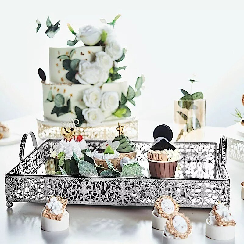 16&#x22; tall SILVER Metal Rectangular Rim Mirror Serving Tray Party