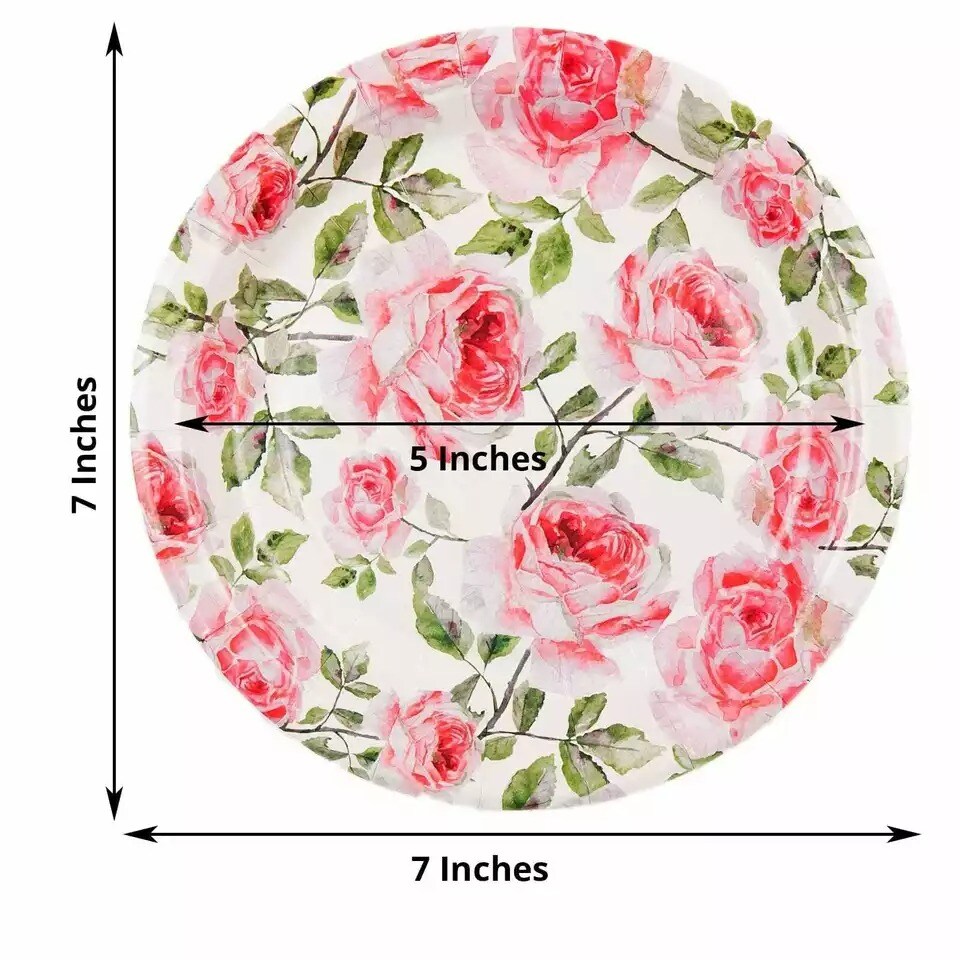 25 WHITE 7&#x22; Round Paper Plates with PINK Rose Flowers Design