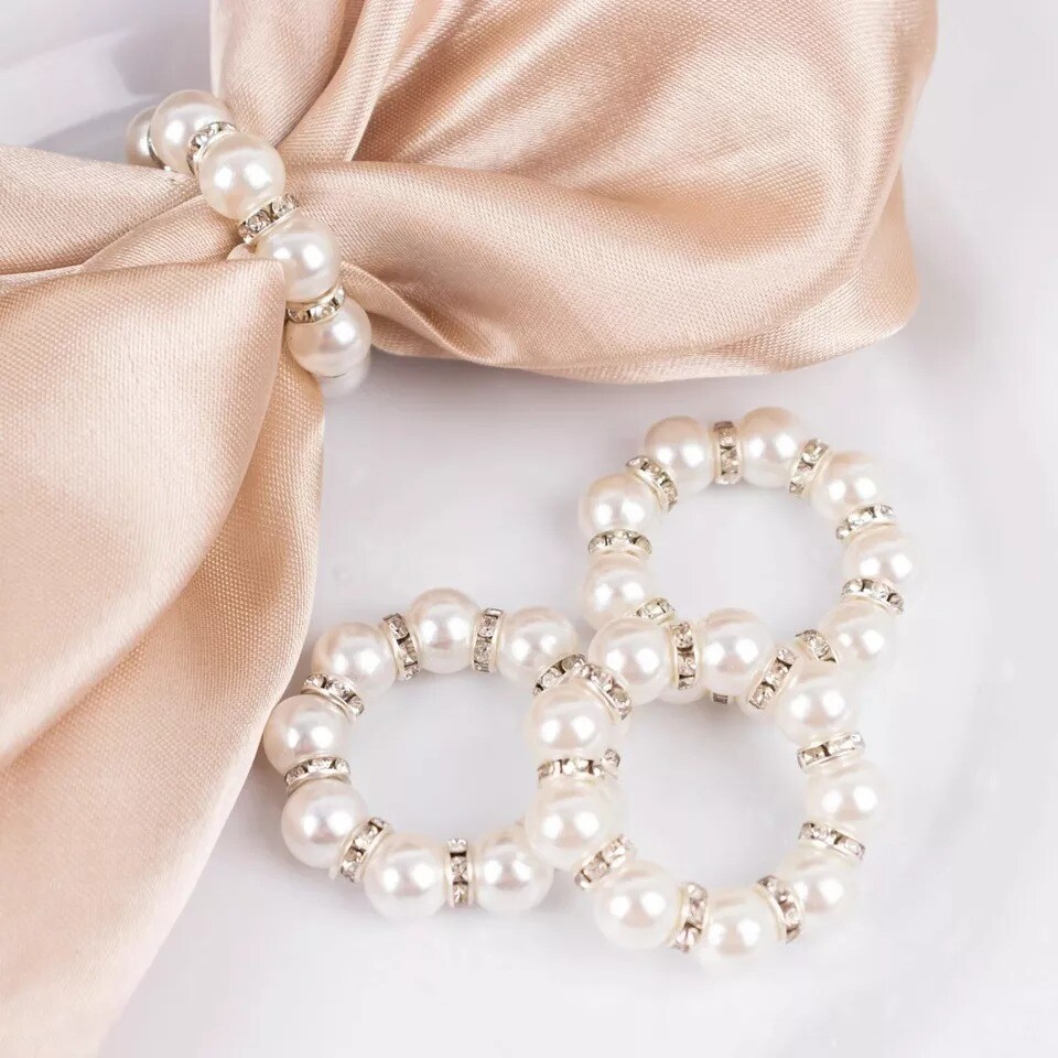 4 Silver White Faux Pearl Rhinestone Napkin Rings