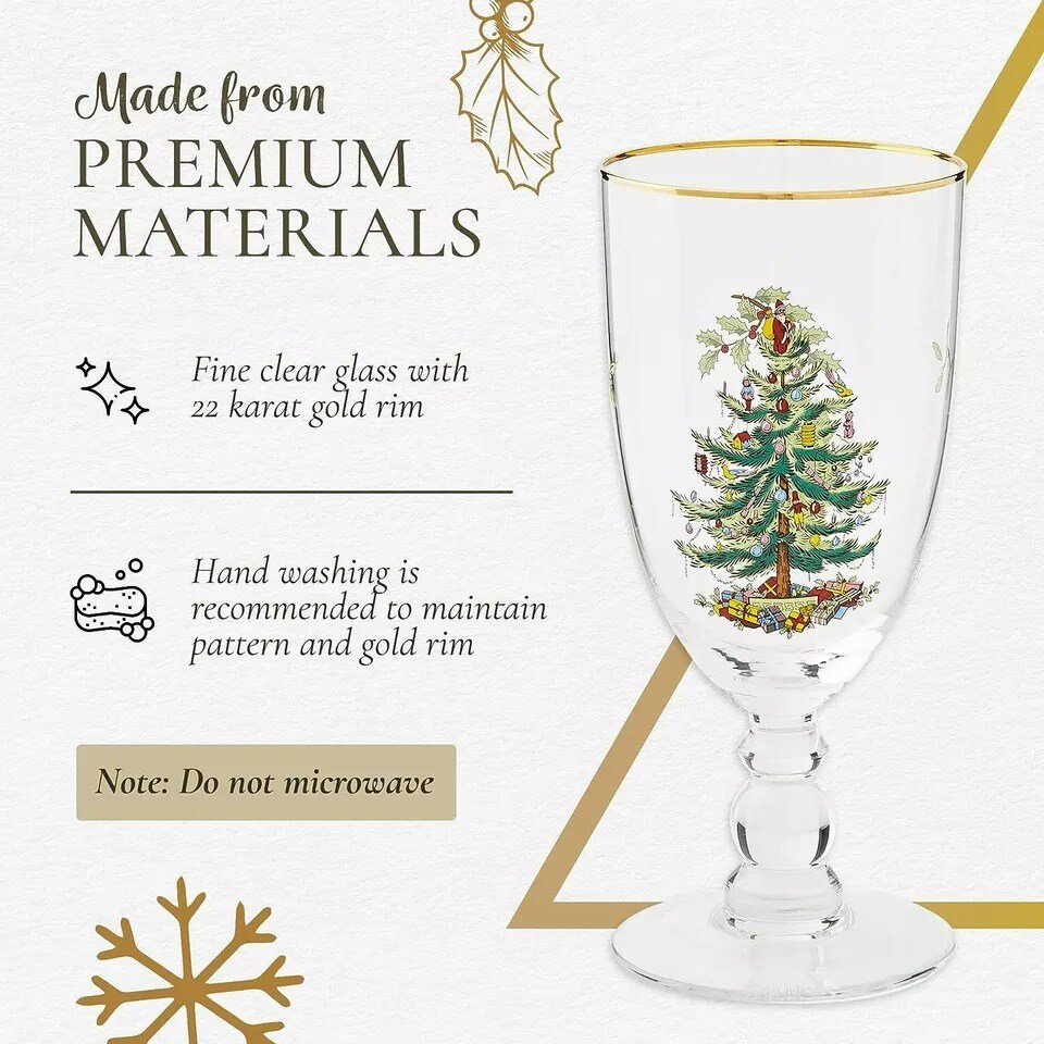 Spode Christmas Tree 16 Ounces Pedestal Goblets with Gold Rims, Set of 4
